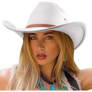 Women's White Western With Leather Band Buckle Classic Fedora Cowboy Felt Hat